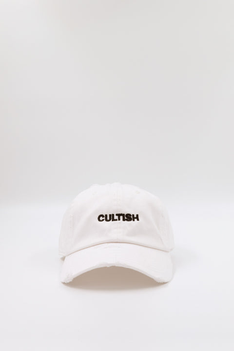 White Distressed Staple Baseball Cap