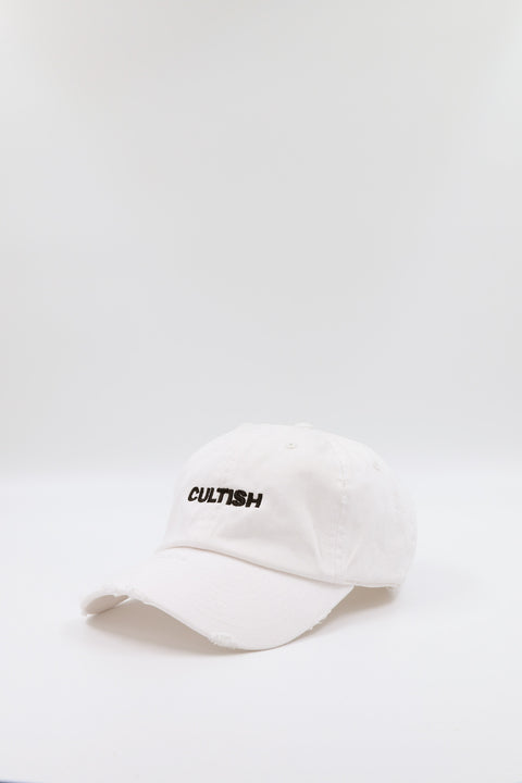 White Distressed Staple Baseball Cap