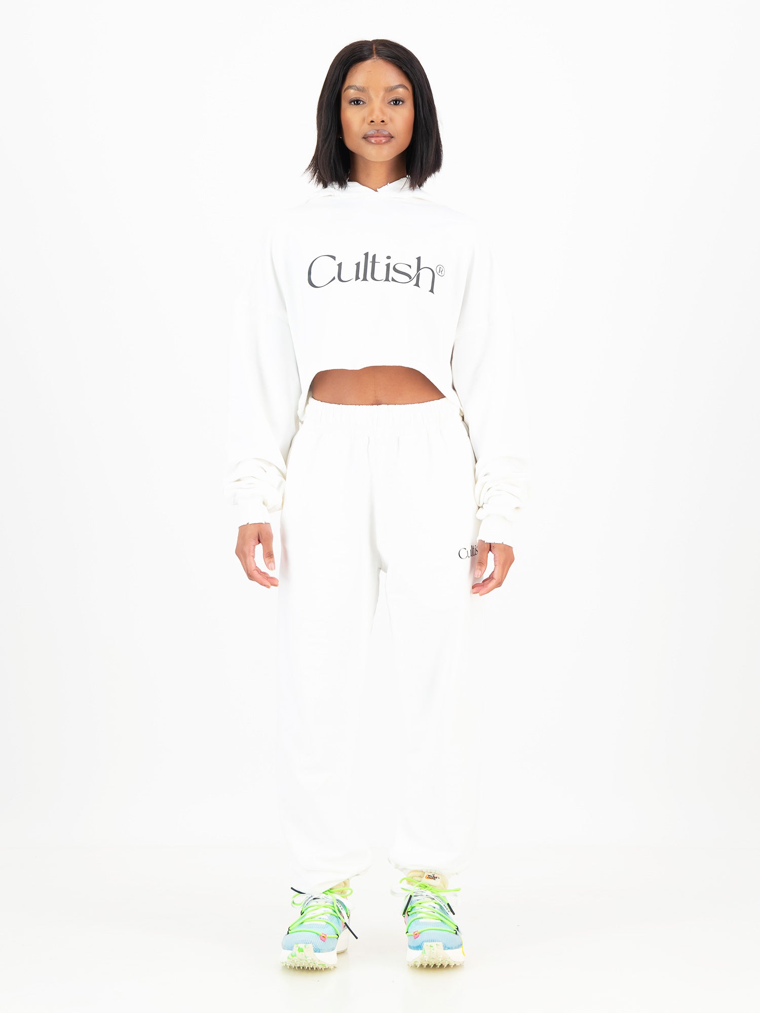 White Refined Logo Cropped Hoodie